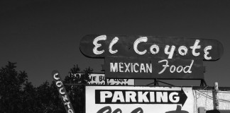 Intrepid Adventurer Treks Four Blocks from Car to Restaurant El Coyote Cafe is a Mexican restaurant in Los Angeles that has been in business for over eighty years.